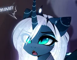 Size: 1200x944 | Tagged: safe, artist:magnaluna, derpibooru import, princess luna, alicorn, pony, alternate hair color, cheek fluff, crown, cute, dialogue, ear fluff, eye clipping through hair, fangs, female, horn, horn jewelry, jewelry, lunabetes, mare, one word, open mouth, regalia, slit eyes, solo, sparkly mane