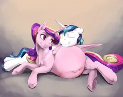 Size: 4200x3300 | Tagged: suggestive, artist:silfoe, artist:sinfoe, derpibooru import, princess cadance, shining armor, alicorn, pony, unicorn, belly, belly bed, belly button, big belly, cute, cutedance, eyes closed, female, floppy ears, gradient background, husband and wife, hyper, implied flurry heart, impossibly large belly, leg fluff, male, mare, married couple, missing accessory, nap, outie belly button, precious, pregdance, pregnant, prone, shining adorable, shiningcadance, shipping, side, silfoe is trying to murder us, sleeping, smiling, snuggling, stallion, straight, underhoof, unshorn fetlocks, wing fluff