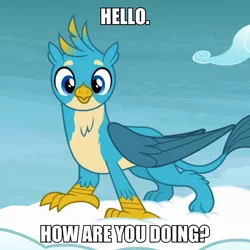 Size: 600x600 | Tagged: safe, derpibooru import, edit, edited screencap, screencap, gallus, gryphon, school raze, birb, bronybait, caption, cloud, cute, gallabetes, image macro, looking at you, on a cloud, solo, standing on cloud, talking to viewer, text