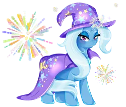 Size: 1024x869 | Tagged: safe, artist:sheepynick, derpibooru import, trixie, pony, unicorn, cape, clothes, female, fireworks, hat, looking at you, magic, mare, simple background, smiling, solo, transparent background, trixie's cape, trixie's hat