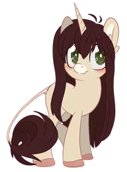 Size: 600x817 | Tagged: safe, artist:sinamuna, derpibooru import, oc, oc:cinnamon fawn, unofficial characters only, pony, unicorn, base used, blushing, brown hair, colored hooves, female, green eyes, hazel eyes, horn, leonine tail, long hair, ponysona, smiling, solo