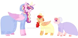 Size: 1280x630 | Tagged: safe, artist:duchessuru, derpibooru import, princess cadance, oc, oc:crystal rose, oc:ruby aurora, alicorn, pegasus, pony, unicorn, base used, clothes, colored hooves, crown, deviantart watermark, dress, female, filly, jewelry, mother and child, obtrusive watermark, offspring, parent:big macintosh, parent:princess cadance, parents:cadmac, regalia, simple background, watermark, white background