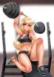 Size: 2827x4000 | Tagged: suggestive, artist:racoonsan, derpibooru import, applejack, human, equestria girls, abs, absurd resolution, anime, applebucking thighs, armpits, barbell, belly button, big breasts, breasts, busty applejack, cleavage, clothes, compression shorts, eyelashes, female, freckles, geode of super strength, gym, humanized, indoors, jewelry, looking at you, magical geodes, midriff, necklace, sexy, shoes, shoulder freckles, sideboob, sitting, skintight clothes, smiling, sneakers, solo, sports bra, stupid sexy applejack, super strength, thighs, thunder thighs, weight lifting, weights, wide hips