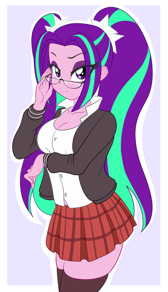 Size: 1035x1800 | Tagged: safe, artist:thebrokencog, derpibooru import, aria blaze, equestria girls, rainbow rocks, adorkasexy, ariabetes, breasts, cleavage, clothes, cute, eye clipping through hair, female, glasses, looking at you, meganekko, nerd, pigtails, plaid skirt, pleated skirt, school uniform, schoolgirl, simple background, skirt, socks, solo, thigh highs, twintails, white background, zettai ryouiki