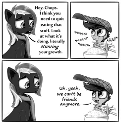 Size: 2000x2050 | Tagged: safe, artist:chopsticks, derpibooru import, oc, oc:chopsticks, oc:vermont black, unofficial characters only, earth pony, pegasus, pony, addiction, annoyed, bowl, chopsticks, clothes, comic, dialogue, eating, food, funny, hat, male, monochrome, rice, scarf, text, wing hands, wings, worried
