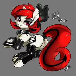 Size: 2800x2800 | Tagged: suggestive, artist:renokim, derpibooru import, oc, oc:lilith, unofficial characters only, pony, unicorn, arm warmers, bedroom eyes, bow, butt, clothed ponies, clothes, collar, cutie mark, dappled, ear piercing, earring, eyeshadow, featureless crotch, female, freckles, gray background, hair bow, jewelry, latex, latex socks, lidded eyes, looking at you, looking back, looking back at you, makeup, mare, piercing, plot, rear view, ribbon, simple background, smiling, socks, solo, solo female, speckled, stockings, tail wrap, thigh highs