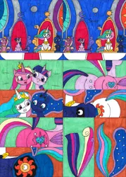 Size: 3037x4231 | Tagged: safe, artist:eternaljonathan, author:bigonionbean, derpibooru import, discord, princess cadance, princess celestia, princess luna, twilight sparkle, twilight sparkle (alicorn), oc, oc:princess cadence sparkle, oc:princess eclipse, alicorn, pony, comic:princess fusion, body horror, butt, comic, commissioner:bigonionbean, confused, confusion, cutie mark, forced, fusion, fusion:princess cadence sparkle, fusion:princess eclipse, magic, merge, merging, plot, tail, thicc ass