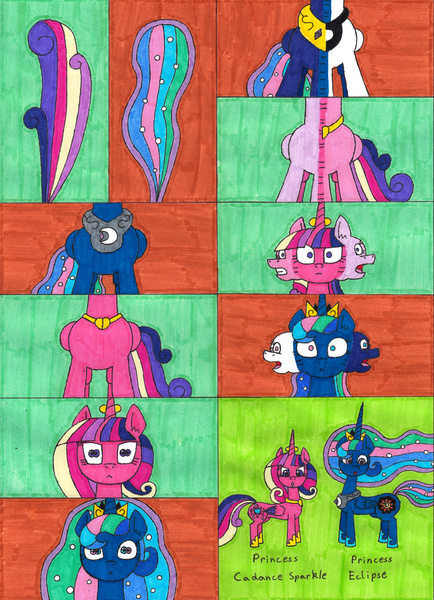 Size: 3050x4221 | Tagged: safe, artist:eternaljonathan, author:bigonionbean, derpibooru import, princess cadance, princess celestia, princess luna, twilight sparkle, twilight sparkle (alicorn), oc, oc:princess cadence sparkle, oc:princess eclipse, alicorn, pony, comic:princess fusion, commissioner:bigonionbean, fear, fusion, fusion:princess cadence sparkle, fusion:princess eclipse, magic, merge, merging, scared