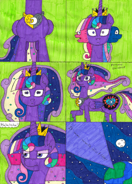 Size: 3044x4233 | Tagged: safe, artist:eternaljonathan, author:bigonionbean, derpibooru import, discord, princess cadance, princess celestia, princess luna, twilight sparkle, twilight sparkle (alicorn), oc, oc:princess cadence sparkle, oc:princess eclipse, oc:princess universe, alicorn, pony, comic:princess fusion, annoyed, body horror, butt, commissioner:bigonionbean, confused, embarrassed, fusion, fusion:princess cadence sparkle, fusion:princess eclipse, fusion:princess universe, magic, merge, merging, nervous, original character do not steal, plot, royalty, tail, thicc ass