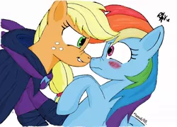 Size: 1024x732 | Tagged: safe, artist:kobato98, color edit, derpibooru import, edit, applejack, mare do well, rainbow dash, earth pony, pegasus, pony, appledash, blushing, boop, colored, duo, eye contact, female, freckles, lesbian, looking at each other, nervous, nose to nose, nose wrinkle, noseboop, shipping, smiling, unmasked