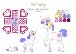 Size: 3500x2500 | Tagged: safe, artist:jackiebloom, derpibooru import, oc, oc:felicity, unofficial characters only, pony, unicorn, agender, ambiguous gender, baby, baby pony, colored hooves, foal, high res, offspring, parent:princess cadance, parent:shining armor, parents:shiningcadance, raised hoof, reference sheet, solo