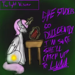 Size: 400x400 | Tagged: safe, artist:sinsays, derpibooru import, part of a set, princess celestia, pony, ask corrupted twilight sparkle, tumblr:ask corrupted twilight sparkle, book, classroom, dark, dark equestria, dark world, delusional, desk, glowing horn, hallucination, horn, illusion, insanity, part of a series, pink-mane celestia, solo, sombra empire, tumblr, vision