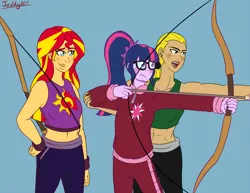 Size: 825x637 | Tagged: safe, artist:jeddy017-vz, derpibooru import, sci-twi, sunset shimmer, twilight sparkle, equestria girls, archery, arrow, artemis crock, belly button, bow (weapon), bow and arrow, clothes, crossover, midriff, sweat, tanktop, weapon, young justice