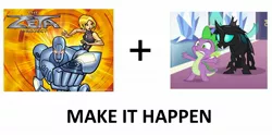 Size: 2009x993 | Tagged: changeling, derpibooru import, dragon, exploitable meme, human, make it happen, meme, ro, robot, safe, spike, the times they are a changeling, the zeta project, thorax, zeta