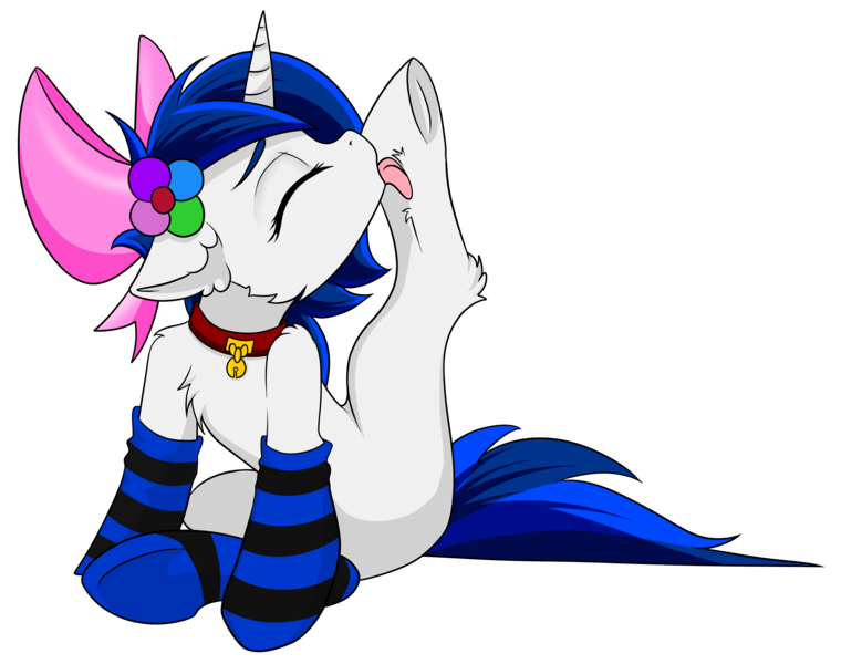 Size: 3640x2872 | Tagged: safe, artist:kxttponies, derpibooru import, oc, oc:midnight sapphire, unofficial characters only, pony, unicorn, behaving like a cat, bow, clothes, collar, female, hair bow, high res, licking, mare, simple background, socks, solo, striped socks, tongue out, transparent background