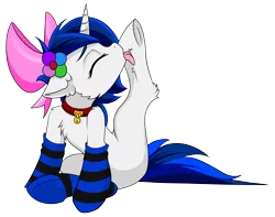 Size: 3640x2872 | Tagged: safe, artist:kxttponies, derpibooru import, oc, oc:midnight sapphire, unofficial characters only, pony, unicorn, behaving like a cat, bow, clothes, collar, female, hair bow, high res, licking, mare, simple background, socks, solo, striped socks, tongue out, transparent background