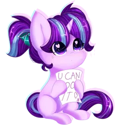 Size: 1024x1073 | Tagged: safe, artist:fleetyarrowdraw, derpibooru import, starlight glimmer, pony, unicorn, cute, female, filly, filly starlight glimmer, glimmerbetes, heart eyes, looking at you, message, pigtails, positive ponies, sitting, solo, wingding eyes, younger