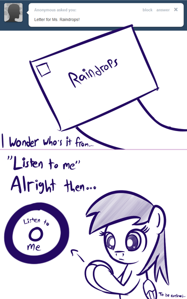 Size: 1280x2050 | Tagged: safe, artist:datahmedz, derpibooru import, sunshower raindrops, pony, raindropsanswers, ask, letter, monochrome, solo, tumblr