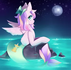 Size: 1615x1592 | Tagged: safe, artist:unluckypaw, derpibooru import, oc, oc:iridescent flings, unofficial characters only, mermaid, pegasus, pony, bow, commission, cute, female, hair bow, looking at you, mare, moon, night, smiling, solo, stars, water, ych result