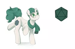 Size: 5100x3300 | Tagged: safe, artist:helixjack, derpibooru import, oc, oc:spearmint, unofficial characters only, pony, unicorn, clothes, cutie mark, d20, female, glasses, green eyes, green hair, scarf, simple background, white coat