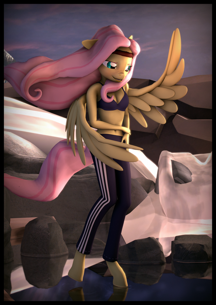 Size: 3300x4660 | Tagged: 3d, absurd resolution, adidas, anthro, artist:imafutureguitarhero, black underwear, border, bra, chromatic aberration, clothes, colored eyebrows, derpibooru import, female, film grain, fluttershy, freckles, headband, looking down, mare, nose wrinkle, open mouth, pants, pegasus, reflection, ripples, river, rock, safe, shoulder freckles, signature, smiling, solo, source filmmaker, sports bra, standing in water, stream, underwear, unguligrade anthro, water, windswept mane, windswept tail, yoga pants