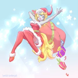 Size: 3009x3009 | Tagged: safe, artist:fukudka, derpibooru import, oc, oc:rafale, unofficial characters only, anthro, anthro oc, armpits, bag, christmas, clothes, commission, costume, hat, holiday, open mouth, present, santa costume, santa hat, socks, solo, stars, thigh highs, ych result