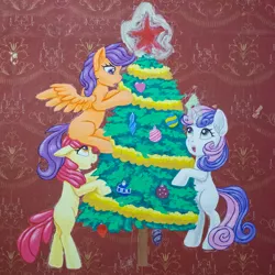 Size: 2000x2000 | Tagged: safe, artist:roadsleadme, derpibooru import, apple bloom, scootaloo, sweetie belle, earth pony, pegasus, pony, unicorn, 2019, christmas, christmas tree, cutie mark crusaders, happy new year, holiday, magic, open mouth, tree