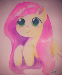 Size: 2554x3072 | Tagged: safe, artist:whiskyice, derpibooru import, fluttershy, pegasus, pony, bust, cute, female, mare, portrait, shyabetes, smiling, solo, three quarter view, traditional art, wings