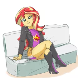 Size: 2449x2449 | Tagged: safe, artist:sumin6301, derpibooru import, sunset shimmer, equestria girls, boots, clothes, couch, crossed legs, female, high heel boots, high res, jacket, leather, leather jacket, legs, lidded eyes, looking at you, miniskirt, raised eyebrow, shoes, simple background, sitting, skirt, smiling, smirk, solo, stupid sexy sunset shimmer, thighs, white background
