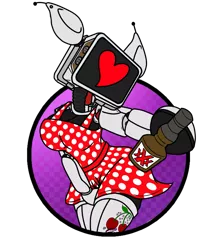 Size: 863x1045 | Tagged: suggestive, artist:synninide injection, derpibooru import, oc, oc:synninide, pony, 50s style, assaultron, booze, breasts, craft, engraving, fallout, female, heart, latex, monitor, perk icon, piercing, polka dot dress, polka dots, robotic, simple background, solo, tattooed, transparent background