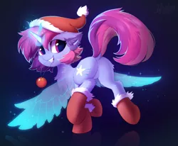 Size: 2238x1844 | Tagged: safe, alternate version, artist:hioshiru, derpibooru import, oc, oc:stellar wind, unofficial characters only, pony, unicorn, artificial wings, augmented, boots, butt, chest fluff, christmas, christmas ornament, clothes, decoration, dock, ear fluff, ear piercing, featureless crotch, female, fluffy, hat, holiday, looking at you, looking back, looking back at you, magic, magic wings, magical lesbian spawn, mare, offspring, parent:rainbow dash, parent:twilight sparkle, parents:twidash, piercing, plot, raffle prize, raised tail, santa hat, shoes, smiling, solo, sparkles, tail, wings