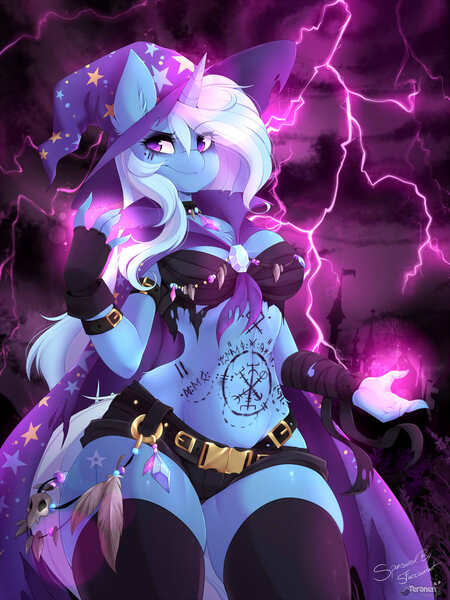 Size: 1500x2000 | Tagged: suggestive, artist:teranen, derpibooru import, trixie, anthro, unicorn, belly button, belt, breasts, clothes, eye clipping through hair, female, futhark, gloves, image, jpeg, lightning, midriff, runes, shorts, signature, socks, solo, solo female, thigh highs, underwear