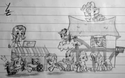 Size: 3648x2284 | Tagged: applejack, artist:wyezee, berry punch, berryshine, big macintosh, black and white, derpibooru import, derpy hooves, doctor whooves, fluttershy, grayscale, lined paper, monochrome, pinkie pie, ponyville, rainbow dash, safe, sketch, time turner, traditional art, twilight sparkle