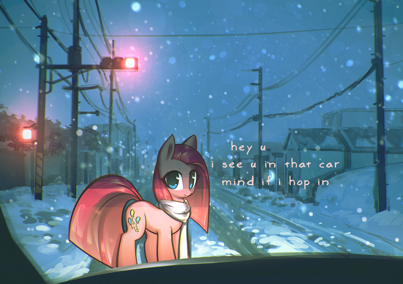 Size: 1700x1199 | Tagged: safe, artist:mirroredsea, derpibooru import, edit, pinkie pie, earth pony, pony, caption, clothes, female, headlights, image macro, looking at you, mare, pinkamena diane pie, scarf, snow, snowfall, talking to viewer, text, text edit