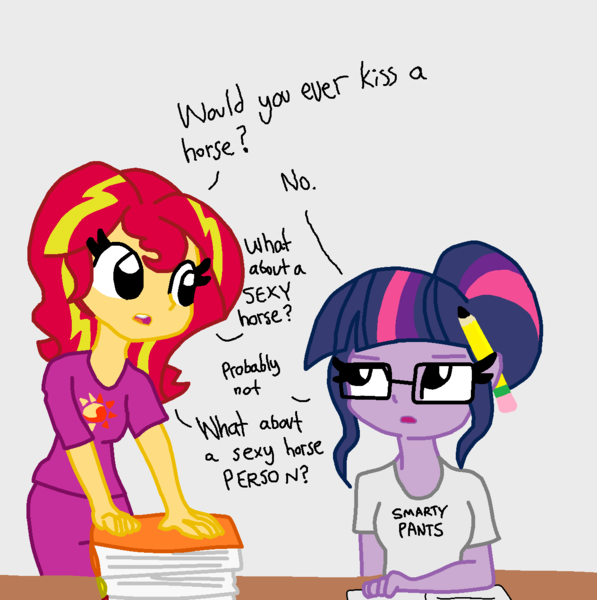 Size: 1264x1270 | Tagged: safe, artist:tjpones, color edit, colorist:nightshadowmlp, derpibooru import, edit, sci-twi, sunset shimmer, twilight sparkle, equestria girls, colored, dialogue, female, flirting, glasses, implied lesbian, implied one-sided shipping, implied scitwishimmer, implied shipping, pencil, pencil behind ear, subtle as a train wreck