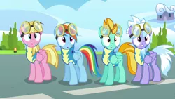 Size: 1280x720 | Tagged: clothes, cloud, cloudchaser, derpibooru import, lightning dust, meadow flower, rainbow dash, safe, screencap, trainee, uniform, wonderbolts academy, wonderbolts uniform