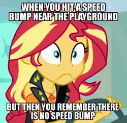 Size: 622x600 | Tagged: semi-grimdark, derpibooru import, edit, edited screencap, screencap, sunset shimmer, human, driving miss shimmer, equestria girls, equestria girls series, caption, car, dark comedy, driving, driving miss shimmer: fluttershy, female, geode of empathy, hitting, image macro, impact font, implied death, implied murder, jewelry, magical geodes, manslaughter, meme, necklace, oh no, pendant, seatbelt, shocked, solo, steering wheel, surprised, text, we are going to hell, whoops