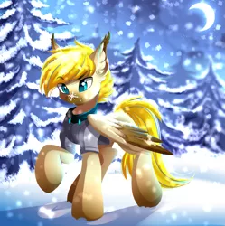 Size: 4069x4087 | Tagged: safe, artist:airiniblock, derpibooru import, oc, unofficial characters only, pegasus, pony, absurd resolution, clothes, commission, crescent moon, cute, fir tree, forest, moon, ocbetes, raised hoof, rcf community, smiling, snow, snowfall, snowflake, solo, tree, winter