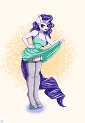 Size: 2900x4200 | Tagged: suggestive, artist:lucaaegus, derpibooru import, rarity, anthro, unicorn, breasts, clothes, dress, female, garters, hand on hip, lipstick, sandals, shoes, skirt, skirt lift, socks, solo, solo female, stockings, thigh highs