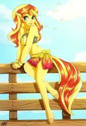 Size: 2180x3200 | Tagged: safe, artist:lucaaegus, derpibooru import, sunset shimmer, anthro, equestria girls, equestria girls series, forgotten friendship, belly button, bikini, clothes, cloud, female, lipstick, pony ears, ponytail, sarong, sexy, sky, solo, swimsuit