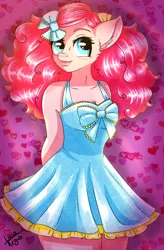 Size: 1308x1992 | Tagged: safe, artist:lucaaegus, derpibooru import, pinkie pie, anthro, earth pony, clothes, cute, dress, female, heart, lipstick, solo