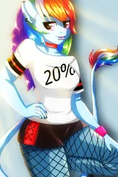 Size: 1444x2181 | Tagged: anthro, artist:lucaaegus, choker, clothes, derpibooru import, ear piercing, earring, female, hand on hip, jewelry, lipstick, looking at you, nail polish, piercing, rainbow dash, safe, shirt, shorts, solo