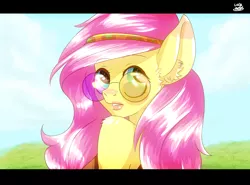 Size: 2300x1700 | Tagged: anthro, artist:lucaaegus, clothes, cloud, derpibooru import, female, fluttershy, glasses, headband, hippie, hippieshy, lipstick, looking back, safe, sky