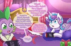 Size: 1000x653 | Tagged: suggestive, artist:vavacung, derpibooru import, princess flurry heart, spike, alicorn, dragon, pony, comic:my life as a short dragon, and then sex happened, barely legal, comic, exclamation point, female, flurryspike, imminent sex, implied sex, interrobang, male, nintendo switch, not incest, oblivious, older, older flurry heart, question mark, shipping, straight, virgin