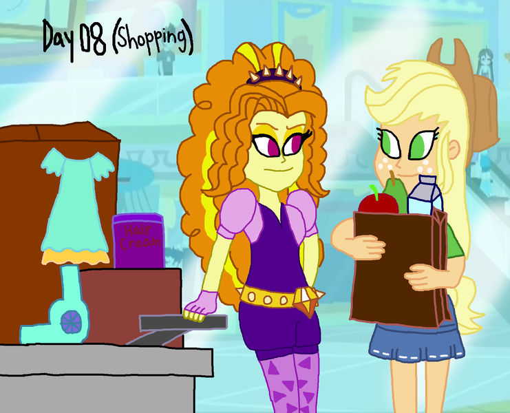 Size: 1800x1458 | Tagged: safe, artist:bigpurplemuppet99, derpibooru import, adagio dazzle, applejack, aqua blossom, curly winds, some blue guy, velvet sky, equestria girls, equestria girls series, apple, canterlot mall, clothes, dazzlejack, dress, dryer, female, food, grocery bag, lesbian, looking at each other, milk carton, pear, shipping