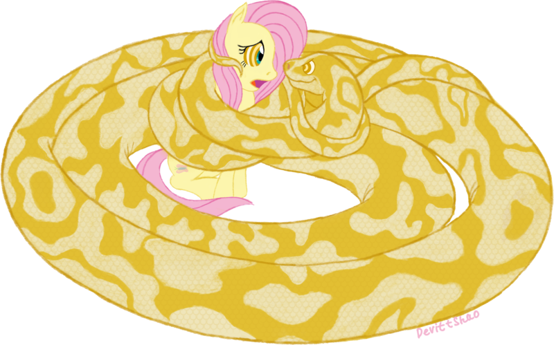 Size: 1832x1143 | Tagged: artist:devittshao, coils, derpibooru import, female, fetish, flutterprey, fluttershy, food chain, imminent vore, kaa eyes, mind control, peril, predator, prey, safe, snake