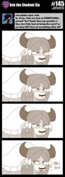 Size: 800x2185 | Tagged: artist:sintakhra, ask, bow, derpibooru import, hair bow, monkey swings, monochrome, paradox, safe, solo, tumblr, tumblr:studentsix, unamused, yak, yona, yona is not amused