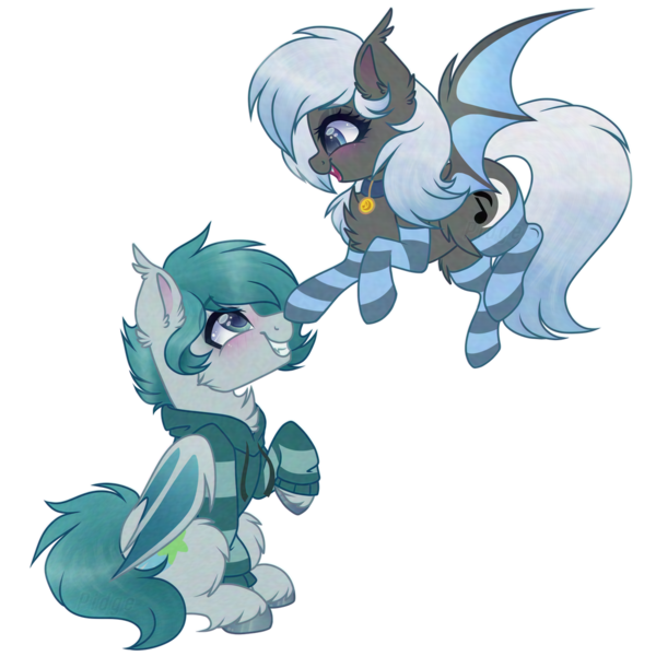 Size: 1024x1024 | Tagged: safe, artist:_spacemonkeyz_, derpibooru import, oc, oc:moonlight melody, oc:starfall, unofficial characters only, bat pony, pony, boop, chest fluff, clothes, collar, female, flying, male, mare, simple background, socks, stallion, striped socks, sweater, transparent background