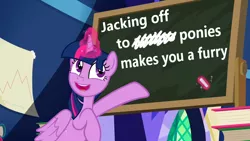 Size: 1280x720 | Tagged: alicorn, caption, chalk, chalkboard, derpibooru import, edit, edited screencap, glowing horn, horn, image macro, implied masturbation, magic, magic aura, meme, pointing, screencap, shitposting, smiley face, suggestive, telekinesis, text, the hooffields and mccolts, truth, twilight sparkle, twilight sparkle (alicorn), vulgar