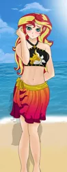 Size: 515x1312 | Tagged: safe, artist:anonix123, derpibooru import, sunset shimmer, human, equestria girls, equestria girls series, adorasexy, beach, belly button, bikini, blushing, clothes, cute, female, humanized, ocean, sad, sand, sarong, sexy, solo, swimsuit, worried